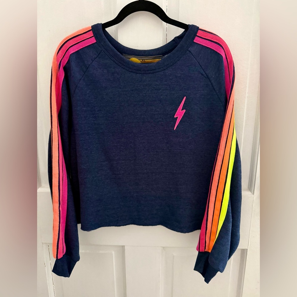 Aviator Nation Bolt Cropped Classic Crewneck in Heather Navy Neon